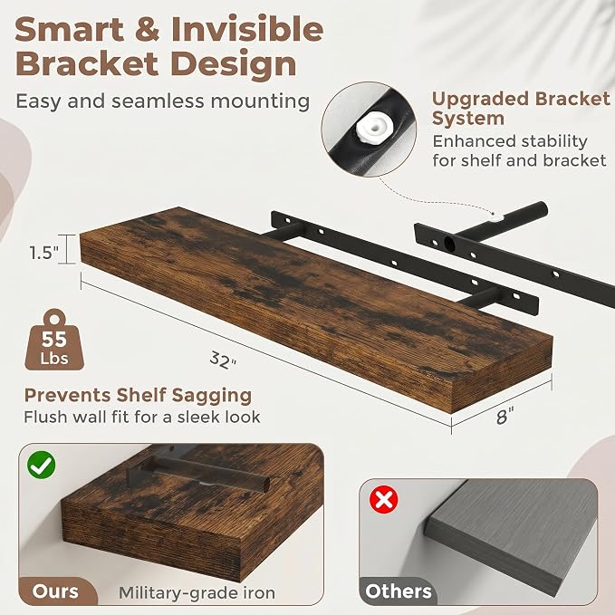 FLYJOE Floating Shelves for Wall, 32 Inch Floating Shelves Set of 2, Kitchen - Image 2