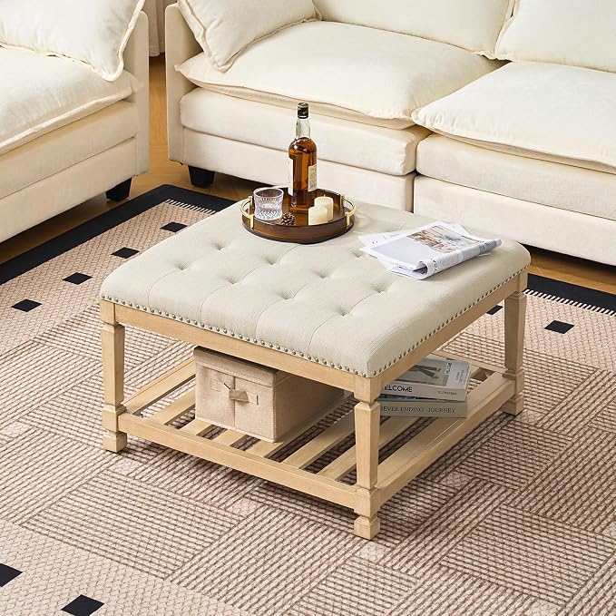 Befurtori Large Square Ottoman Coffee Table, Linen Solid Upholstered Footrest - Image 3