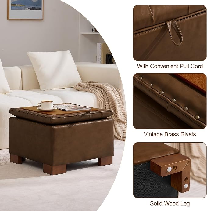 WUTUTUEE 24" Faux Leather Square Storage Ottoman - Image 5