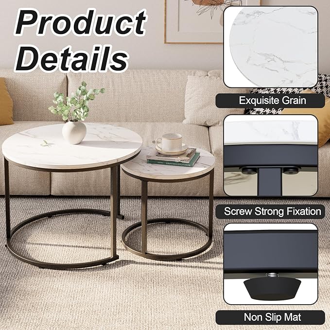 aboxoo Round Nesting Coffee Table Side Table Set of 2 End Tables - Image 6