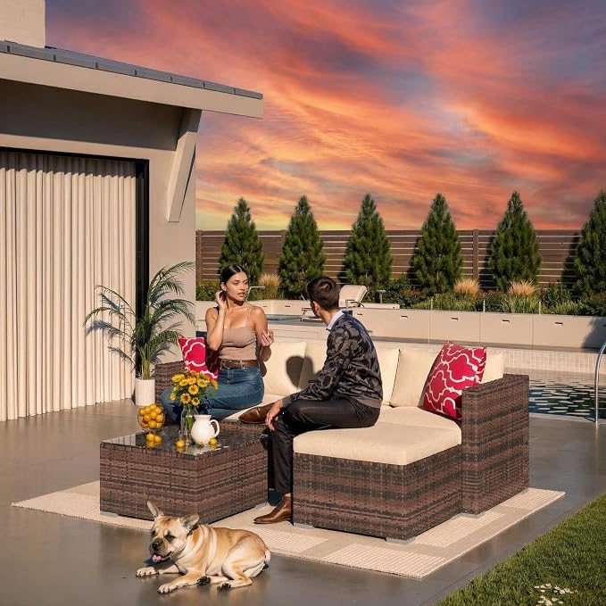 5-Piece Patio Sectional Sofa Set, All-Weather Brown PE Rattan Outdoor - Image 6