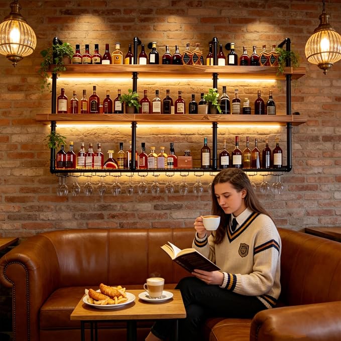 Wall Mounted Wine Rack with LED Lights, 4-Tier Industrial Wood Floating Shelves - Image 3
