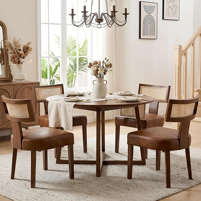 HNY Mid Century Modern Rattan Dining Chairs Set of 2, Farmhouse PU Leather - Image 7
