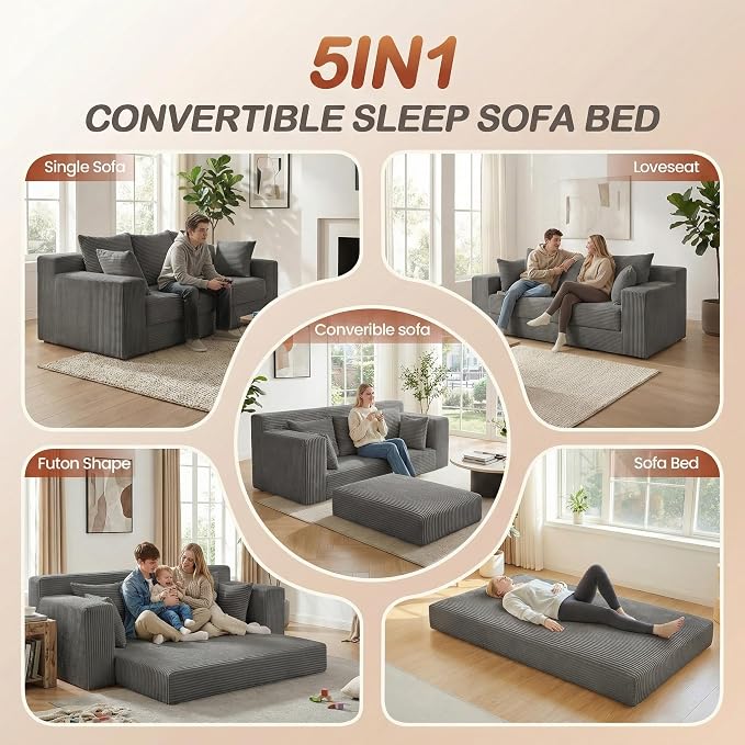 Convertible Sofa Bed, 5 in 1 Small Boneless Couch Pull Out Loveseat Sleeper Sofa - Image 3