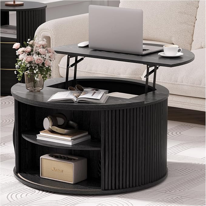 JOINICE 31.5" Black Round Lift Top Coffee Table, Modern Fluted Drum Center Table by Joinice