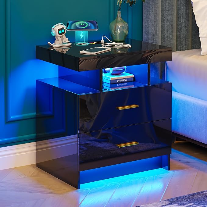 WOOVIVS Night Stand with Light, High Gloss Nightstand with USB/Wireless by WOOVIVS