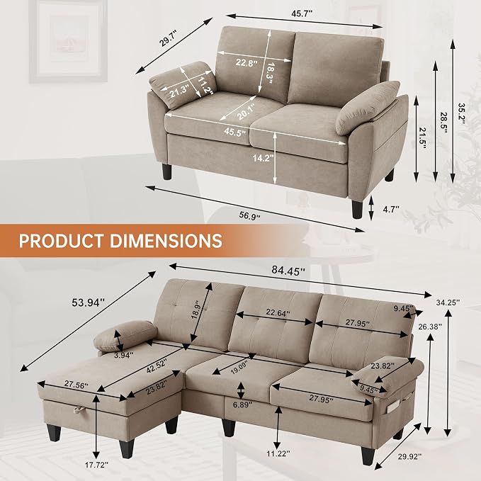 84" Convertible Sectional Sofa Set, 3 Seat L Shaped Couch - Image 2