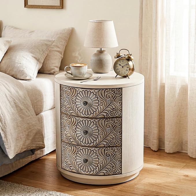 HOMPUS Round End Table Set 2, Fully Assembled Nightstand w 3 Storage Drawers - Image 7