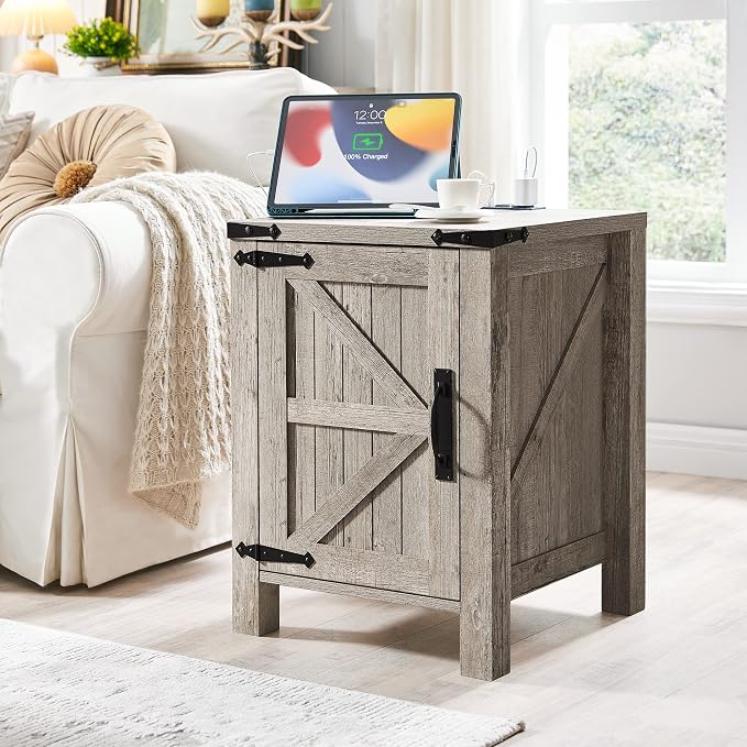 OKD Nightstand with Charging Station, 18 Inch Farmhouse End Table with Barn by OKD