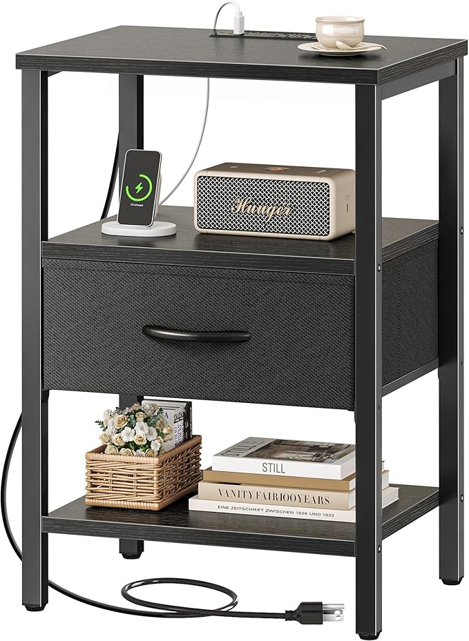 SUPERJARE Nightstand with Charging Station, Bed Side Table with Adjustable by SUPERJARE
