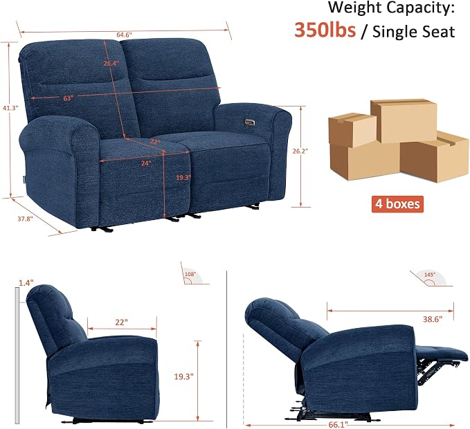 MCombo 64.6" Wall Hugger Power Loveseat Recliner Sofa - Image 3