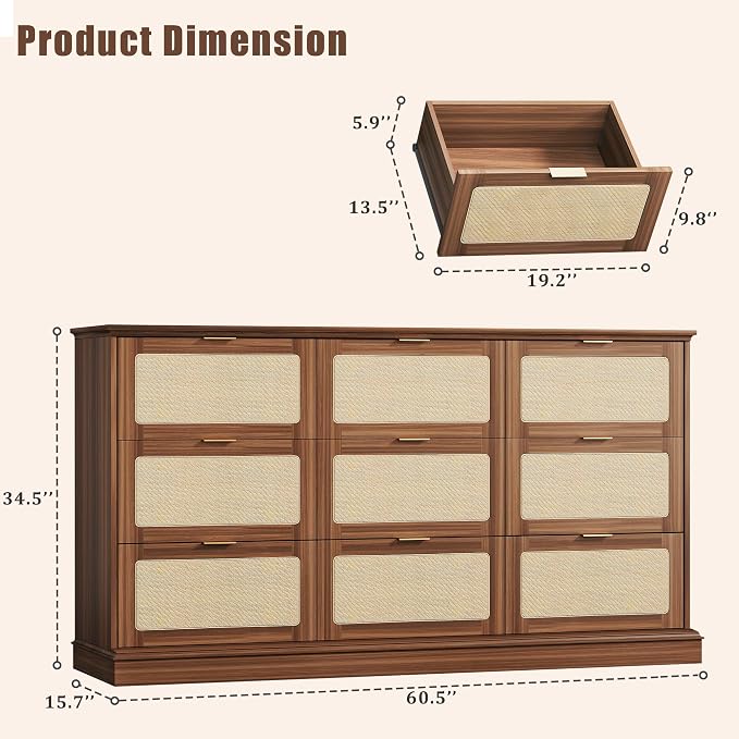 HUAHUU 9 Drawer Dresser for Bedroom, 60 Inch Long Dressers & Rattan Chest of - Image 2