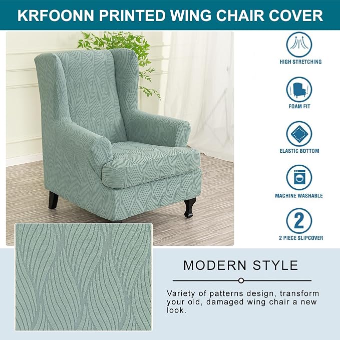 KRFOONN Stretch Wing Chair Slipcovers Jacquard 2 Piece Wingback Chair Covers - Image 6