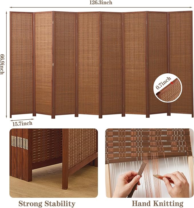 8 Panel Room Divider and Extra Wide Folding Privacy Screen, Bamboo Room Divider - Image 3