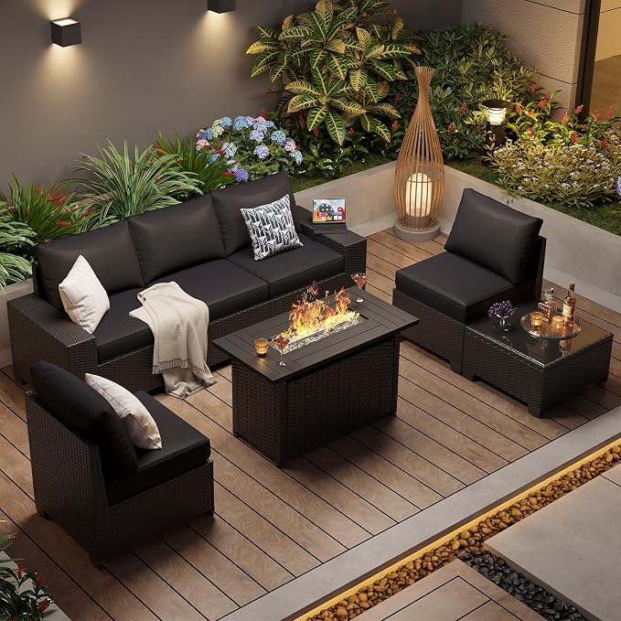 Aoxun Patio Furniture Set with 44'' Fire Pit Table, Widen Armrests Wicker - Image 8