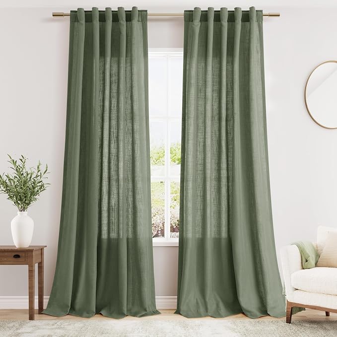 Olive Green Linen Curtains 102 Inches Long by Nanspring
