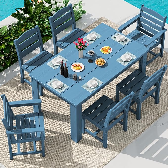 SERWALL HDPE Dining Set for 6: 1 Umbrella Hole Table, 4 Armless + 2 Armchairs. by SERWALL