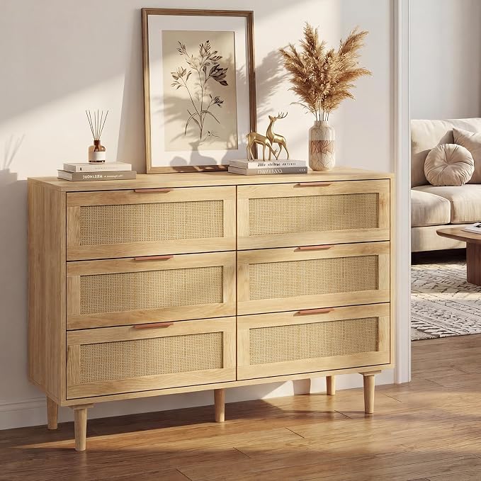 FUQARHY 6 Drawer Dresser Rattan Dresser Modern Chest - Image 3