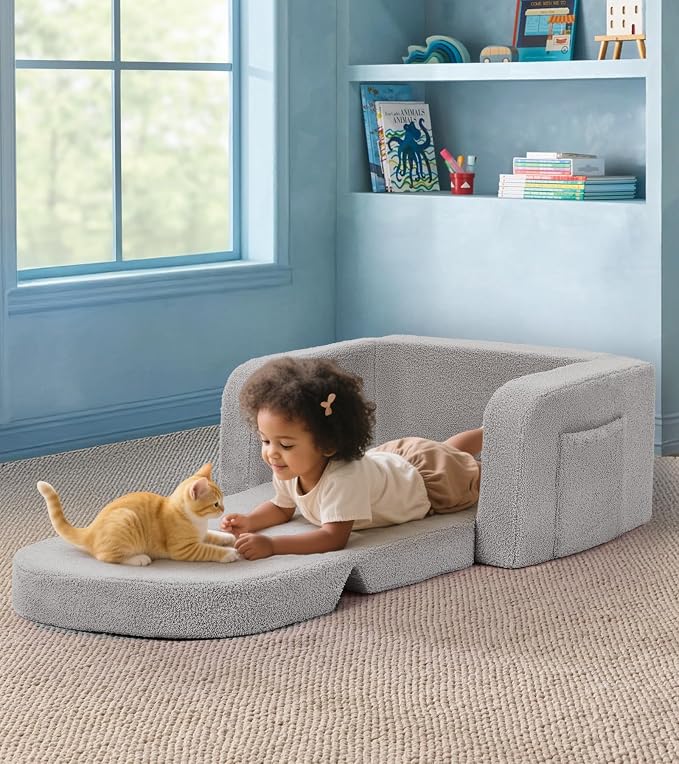 Foryoomi Kids Couch, 2-in-1 Soft Toddler Couch Fold Out - Image 2