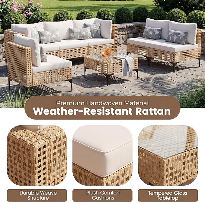 Devoko Patio Furniture Set, 7 Pieces Outdoor Wicker Sectional Couch - Image 3