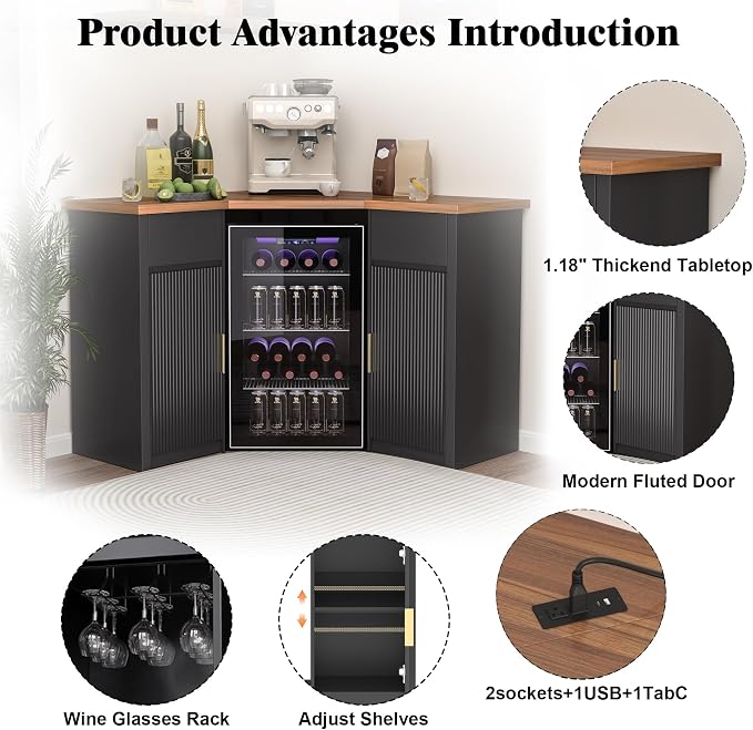 GDLF Corner Bar Cabinet with Fridge Space, Corner Coffee Bar Station with - Image 4