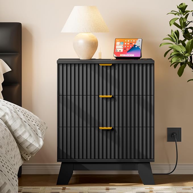 BORNOON 30.5" Nightstand with Charging Station, 3-Drawer Fluted Bedroom Chest - Image 3