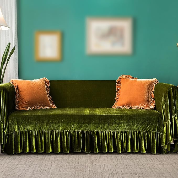 Polyester Sofa Cover Soft Decorative Luxurious Solid Exquisite Ruffle Trim by GLORYSEASON
