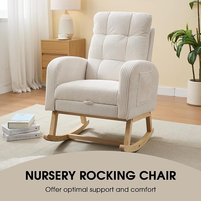 NIOIIKIT Nursery Rocking Chair, Corduroy Upholstered Rocking Chair - Image 4