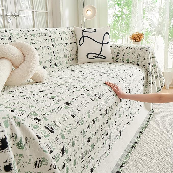 DREAMINGO Abstract Chenille Couch Cover Blanket Beige Green Black Boho Sofa - Image 3