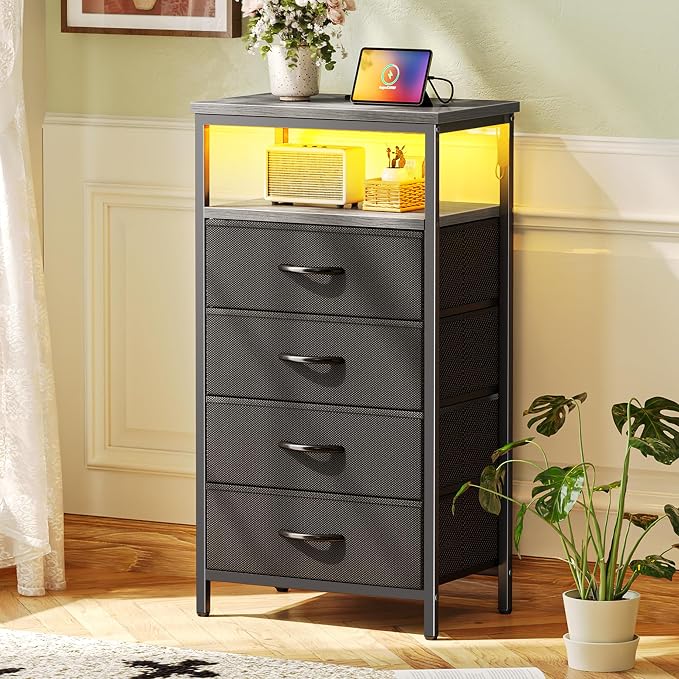 Huuger Night Stand with Charger Station and LED Lights, 4 Drawer Nightstand - Image 2
