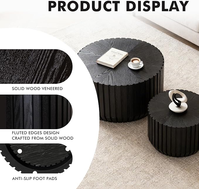 Black Round Nesting Tables for Living Room, Nesting Coffee Table Wooden Fluted - Image 3