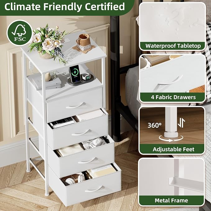Somdot White Nightstand with Charging Station and LED Light - Image 6