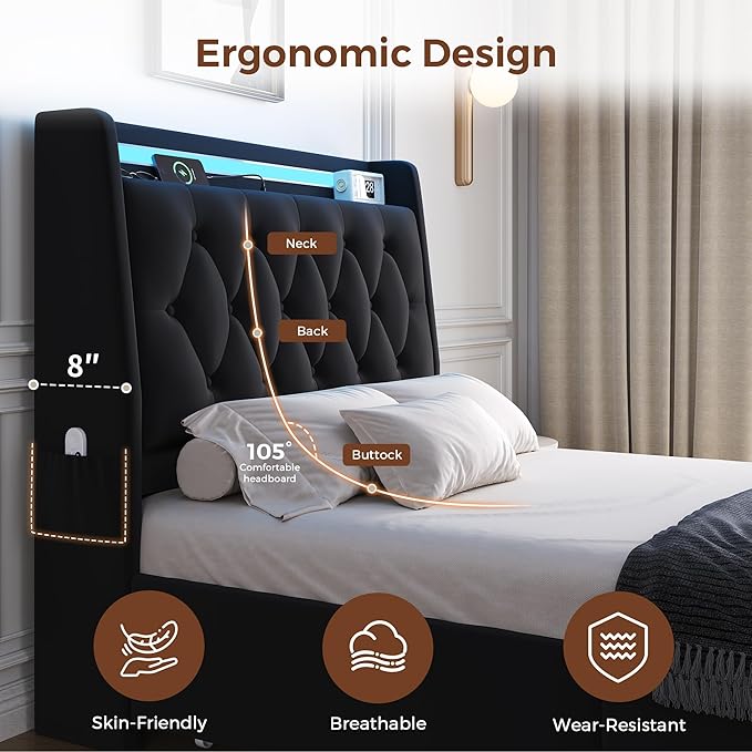 Twin LED Velvet Bed Frame with 2 Storage Drawers&Hidden Headboard, Upholstered - Image 7