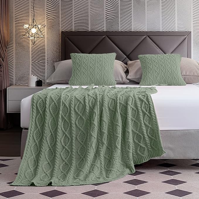 Homiest Cable Knit Throw Blanket and Pillow Set, Sage Green Set of 3, Knitted - Image 5