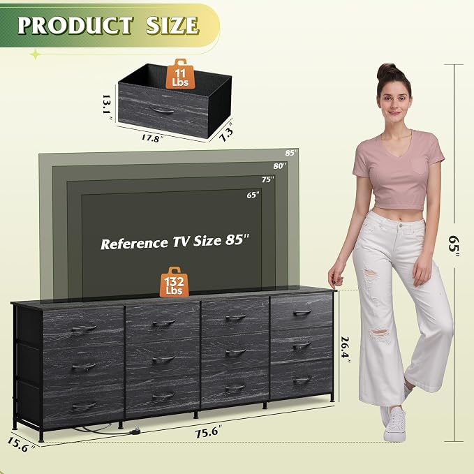 WLIVE 75.5'' Dresser for Bedroom, TV Stand for 85, 65 Inch TV, 12 Drawer Long - Image 3