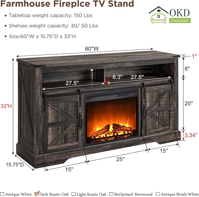 OKD Fireplace TV Stand for 65+ Inch TV, Rustic Media Console w/Sliding Barn - Image 6