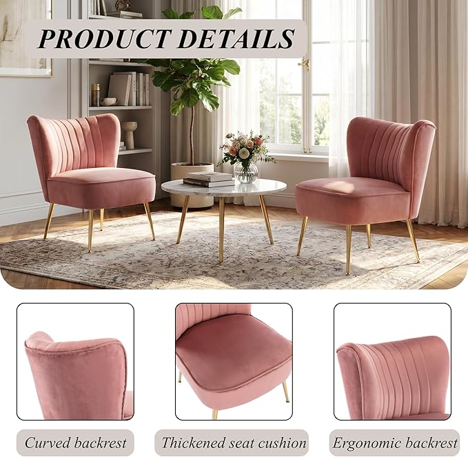 Velvet Accent Chairs Set of 2 Comfy Living Room Chair Armless Slipper Chair Mid - Image 5