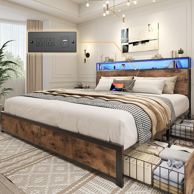 Lifezone Queen Bed Frame with 2-Tier Storage Headboard, Metal Platform Bed by Lifezone