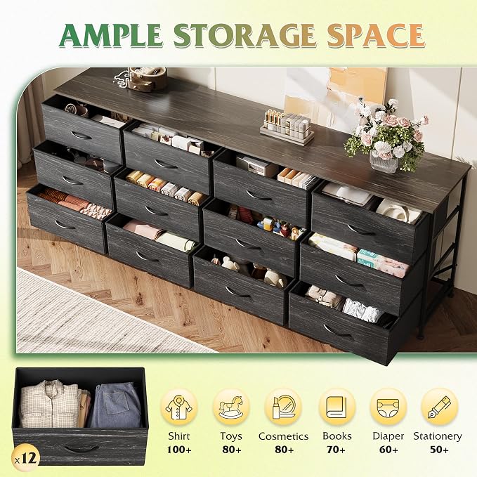 WLIVE 75.5'' Dresser for Bedroom, TV Stand for 85, 65 Inch TV, 12 Drawer Long - Image 5