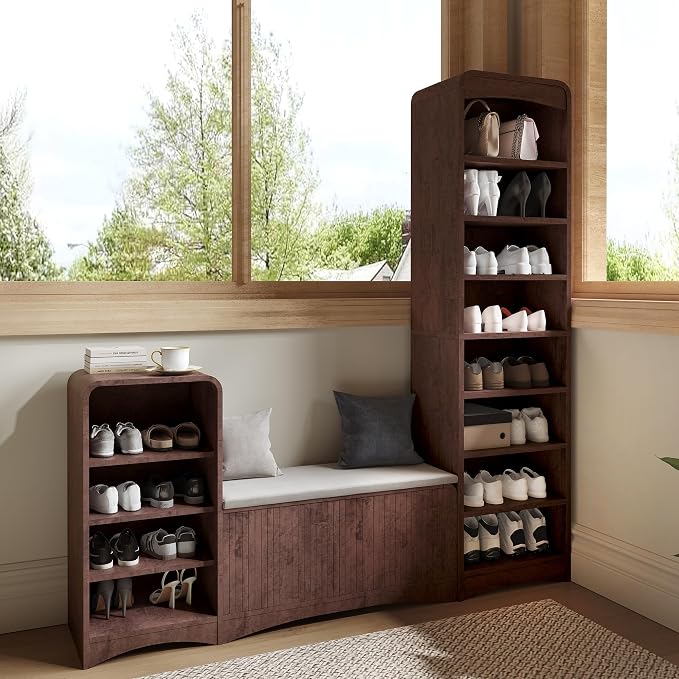 Shoe Cabinet with Bench, L-Shaped Shoe Storage Cabinet, Wood Tall Shoe Rack - Image 7