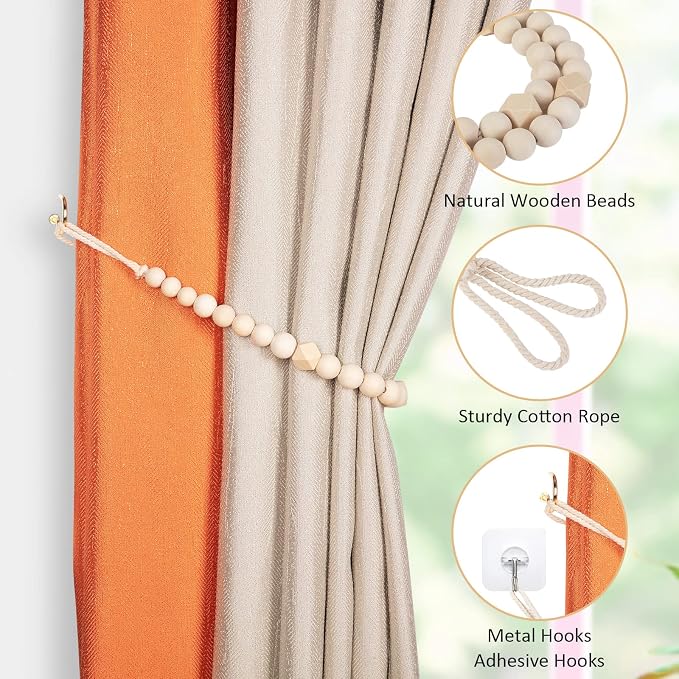 Wood Bead Curtain Tiebacks, KLOGTSIND Set of 6 Curtain Holdbacks - Image 4