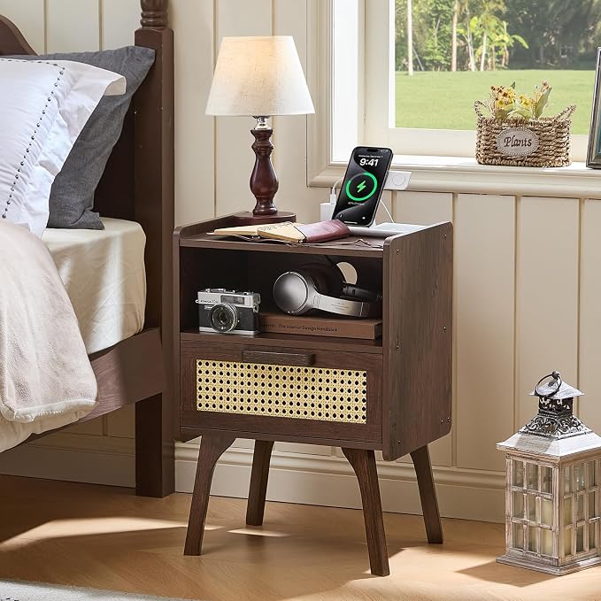 Lerliuo Rattan Nightstand with Charging Station, Walnut Bedside Table with - Image 8