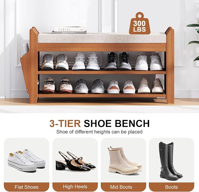 PETKABOO 31.5" Shoe Bench with Coat Rack Hidden Drawer and Side Holder - Image 5