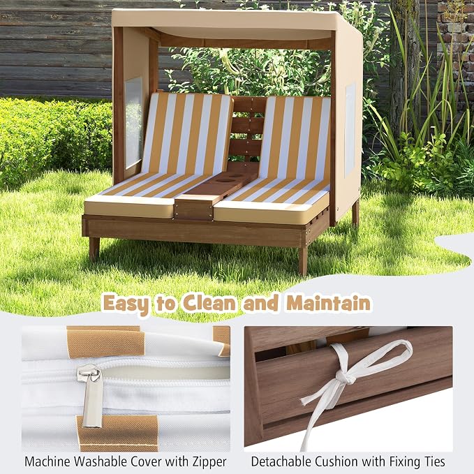 HONEY JOY Kids Chaise Lounge Chair Outdoor, Toddler Wood Double Pool Lounger - Image 5