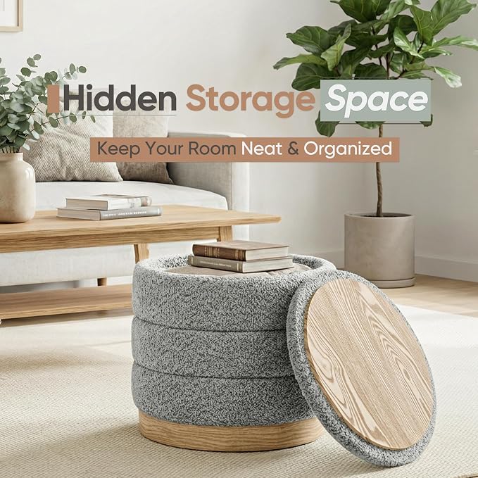 Round Storage Ottoman with Reversible Tray Lid, Folding Chenille Fabric - Image 4