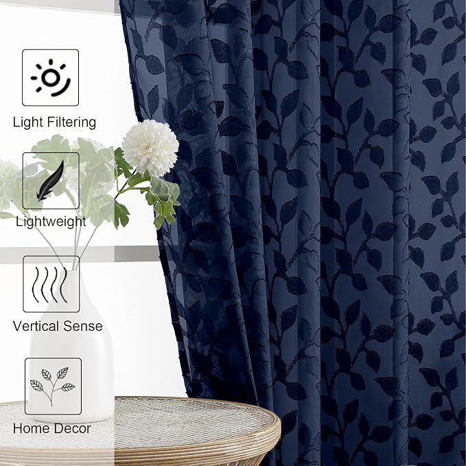 Chyhomenyc Navy Blue Sheer Curtains 36 Inch Length, Light Filtering Leaf Tufted - Image 6