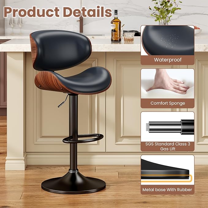 YaFiti Bar Stools Set of 2, Bentwood Adjustable Height Swivel Bar Stools - Image 5