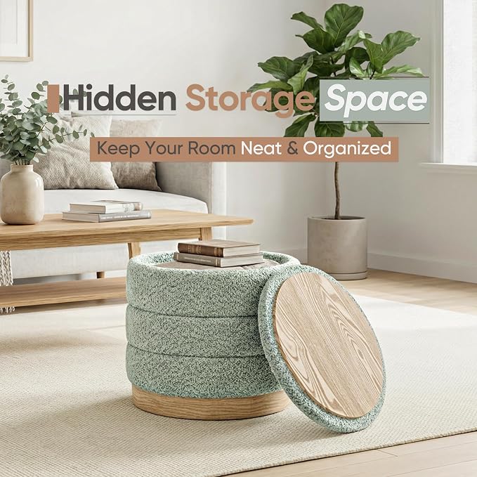 Round Storage Ottoman with Reversible Tray Lid, Folding Chenille Fabric - Image 4