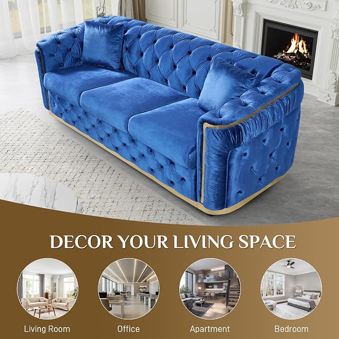 DAMAIFROM Velvet Couch Blue and Gold Sofa Luxury Loveseat 84.6" Mid Century - Image 7