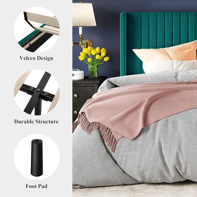 Allewie Full Size Bed Frame/Velvet Upholstered Platform Bed/Vertical Channel - Image 7